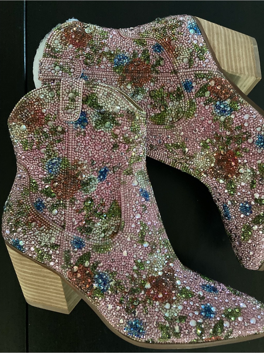 Betsey Johnson Pink Crystal Floral Ankle Boots - Picture 3 of 6